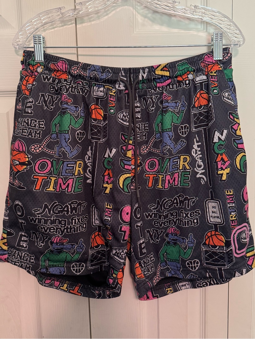 Overtime Men's Black Graphic Shorts - size large 'Winning fixes everything'